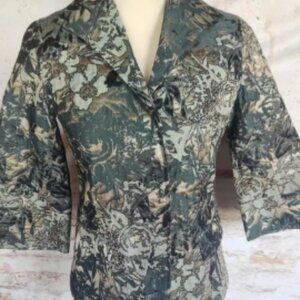 lafayette 148 Women Teal Floral Metallic Snap Front 3/4 Sleeve Jacket